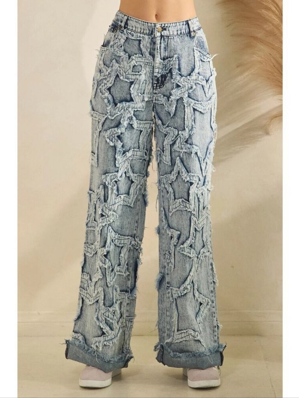 Oli "Star Party" Applique Straight Wide-Leg Star Denim Pants in Light Blue Sz S - Picture 1 of 6